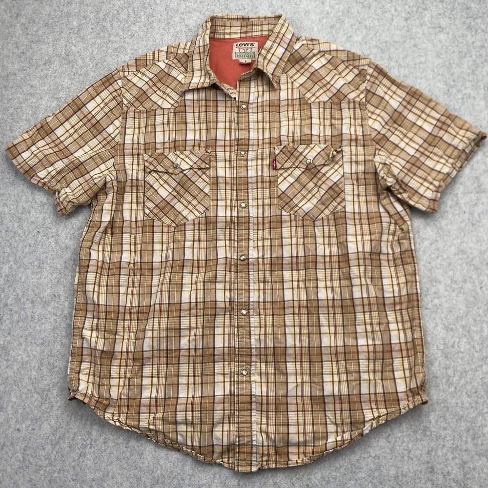 Levi's Shirt Mens Large Beige Plaid Western Pearl Snap Short Sleeve Casual